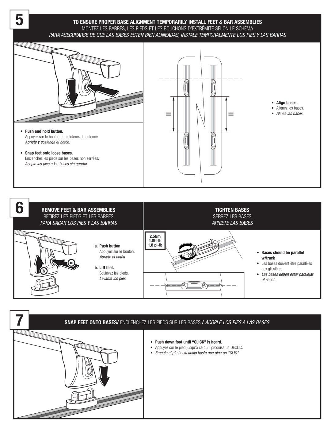 Thule TK12 manual Tighten Bases Serrez LES Bases Apriete LAS Bases, Push and hold button, Snap feet onto loose bases 