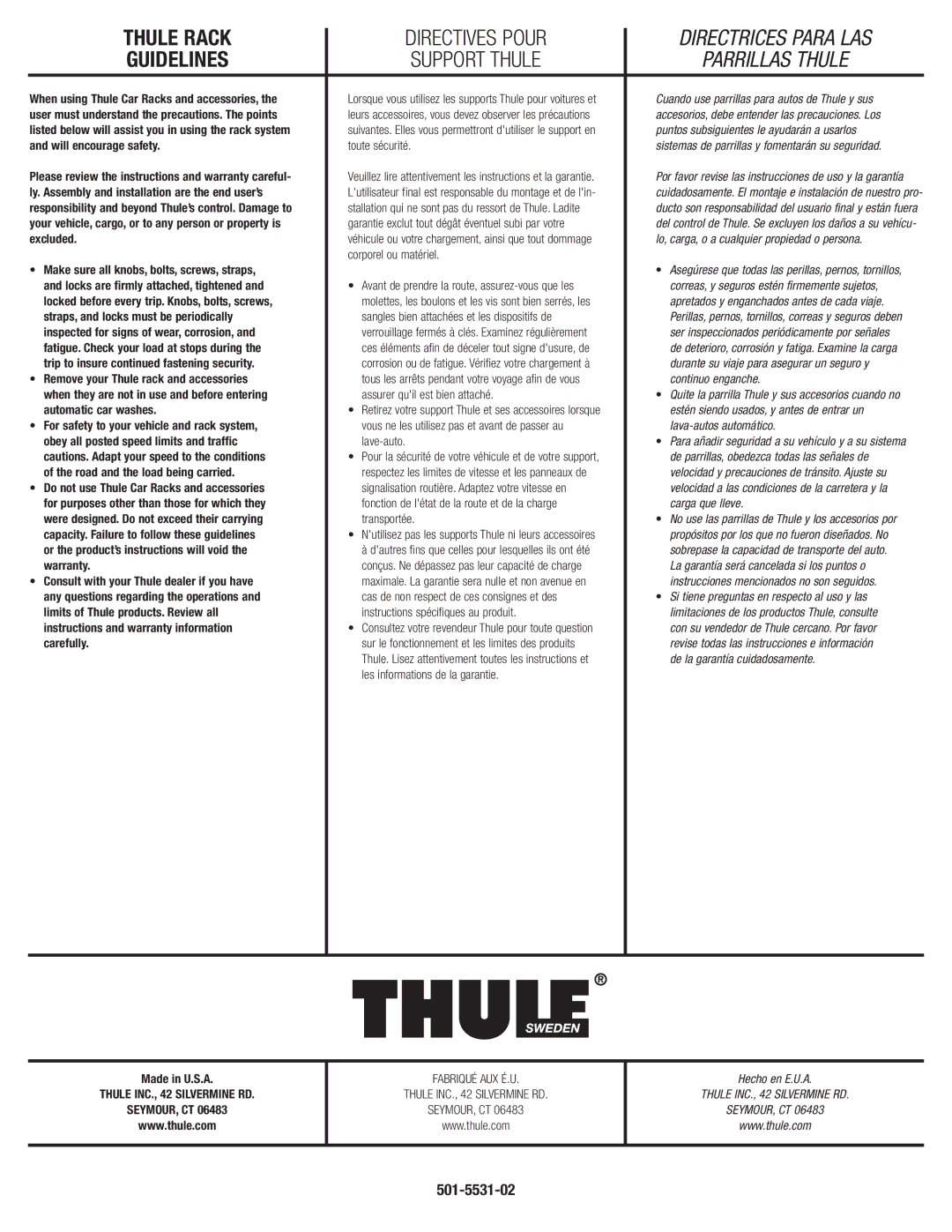 Thule TK12 manual When using Thule Car Racks and accessories, User must understand the precautions. The points, Excluded 