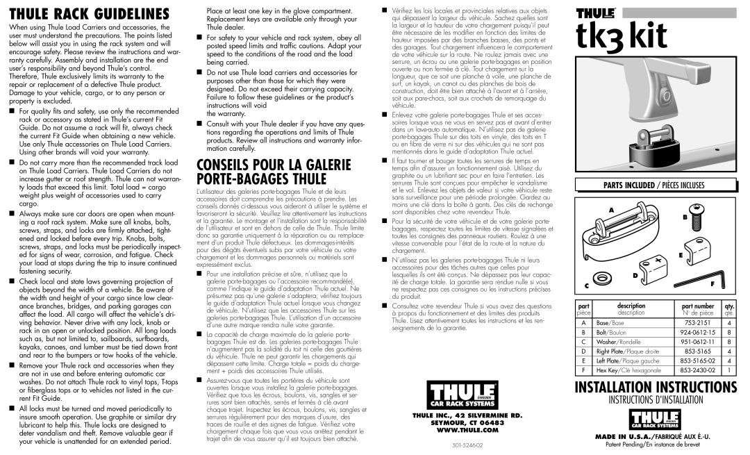 Thule TK3 installation instructions Description Part number, Description De pièce 