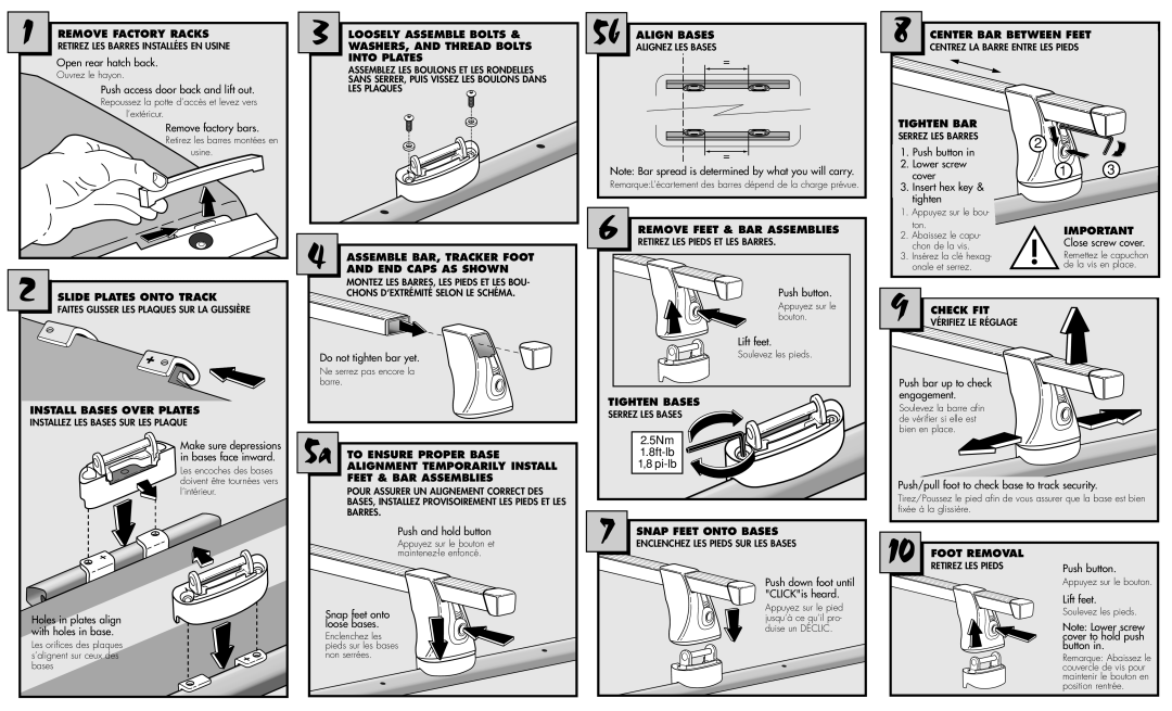 Thule TK3 Remove Factory Racks, Align Bases, Center BAR Between Feet, Assemble BAR, Tracker Foot, END Caps AS Shown 