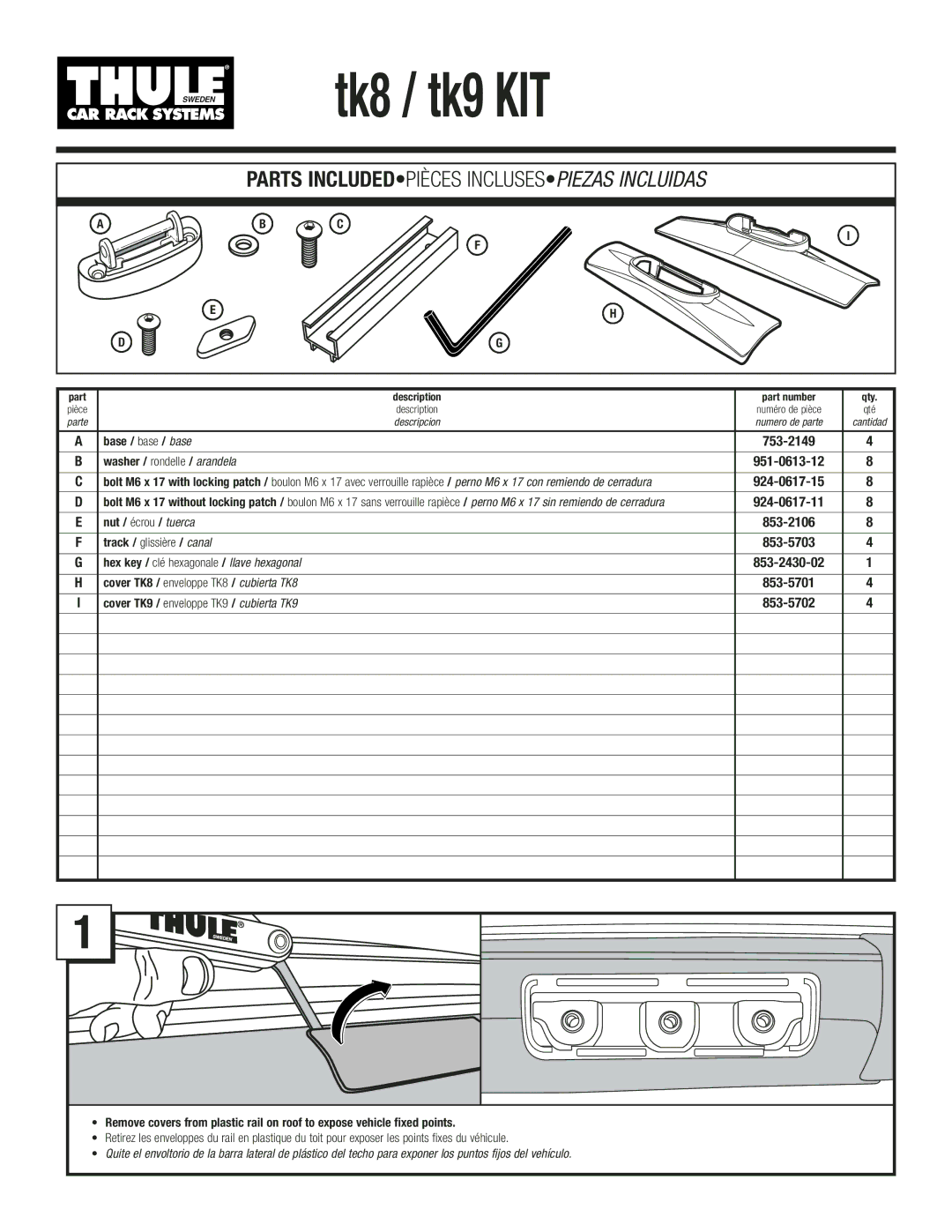 Thule TK9, TK8 manual Base / base / base, Nut / écrou / tuerca, Track / glissière / canal 