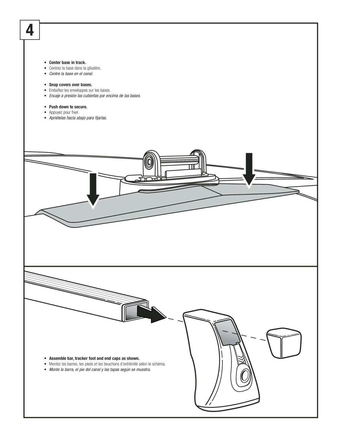 Thule TK8, TK9 manual Center base in track, Snap covers over bases, Push down to secure 