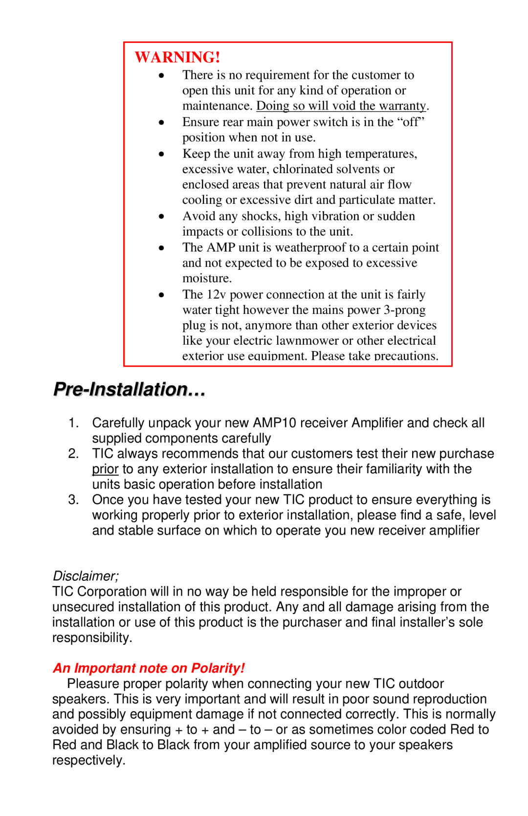 TIC AMP10 manual Pre-Installation…, Disclaimer 