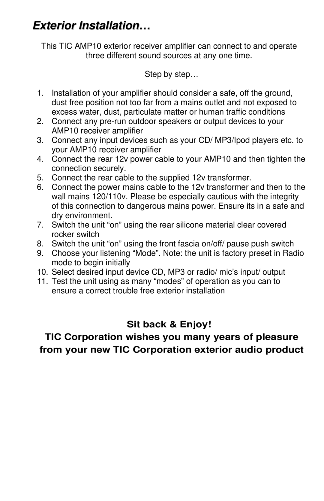 TIC AMP10 manual Exterior Installation… 