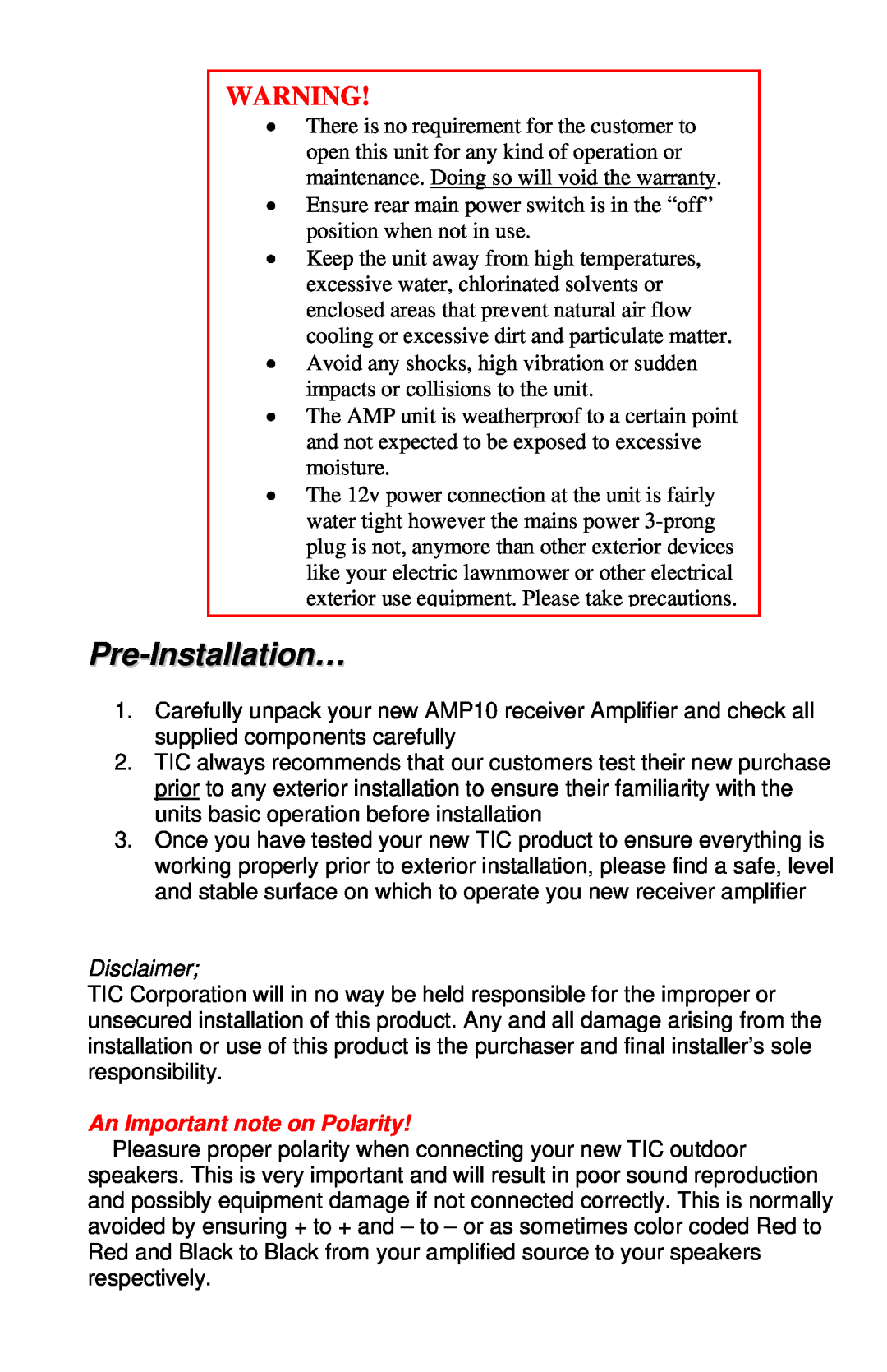 TIC AMP10 manual Pre-Installation…, An Important note on Polarity 