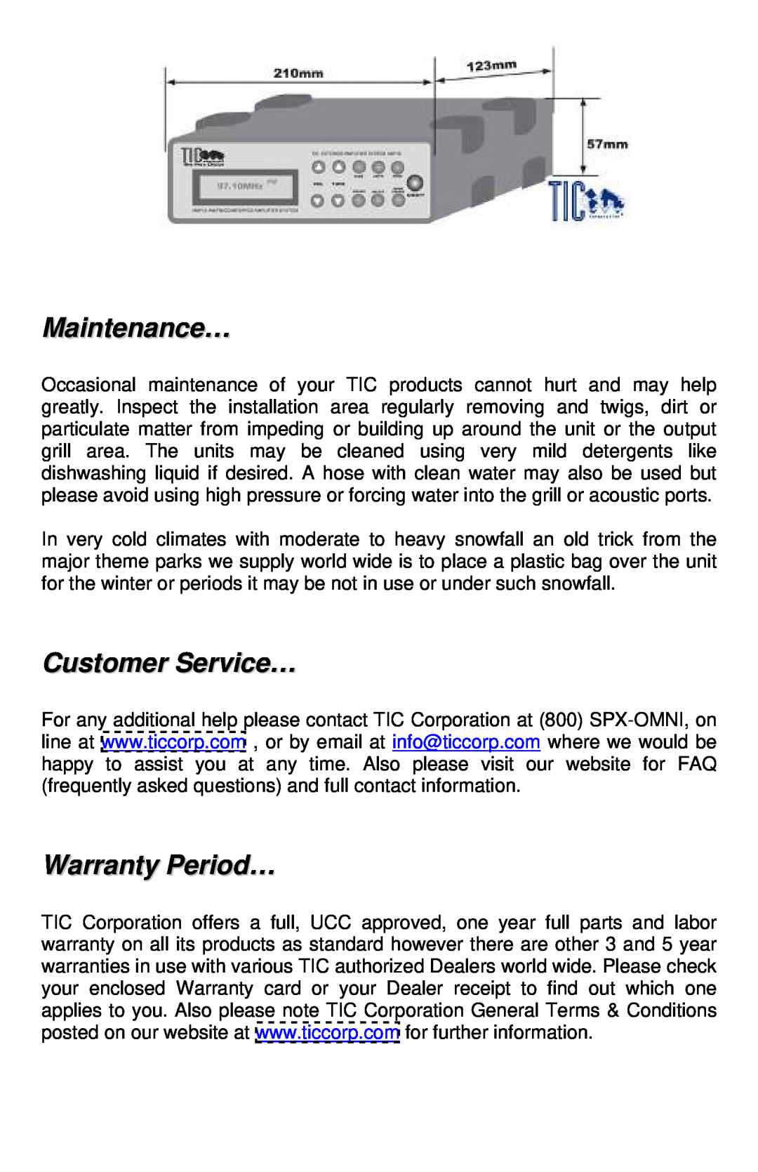 TIC AMP10 manual Maintenance…, Customer Service…, Warranty Period… 