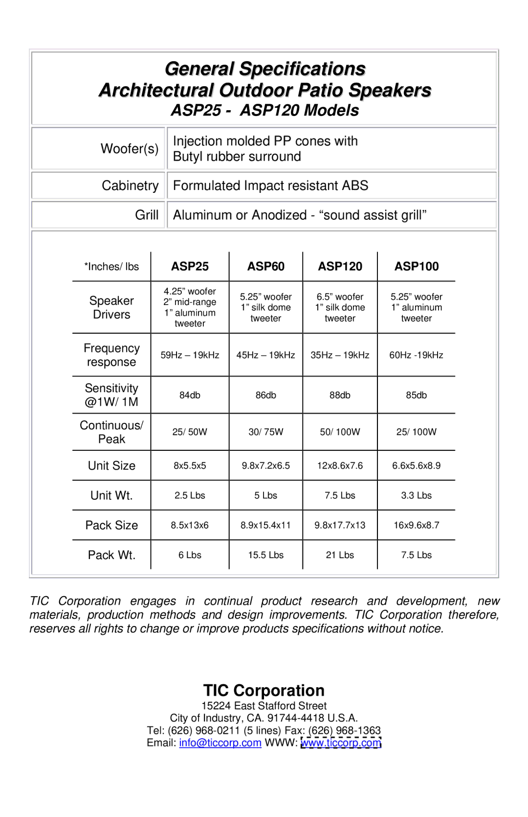 TIC ASP60, ASP100, AS P25 manual General Specifications Architectural Outdoor Patio Speakers, ASP25 ASP120 Models 