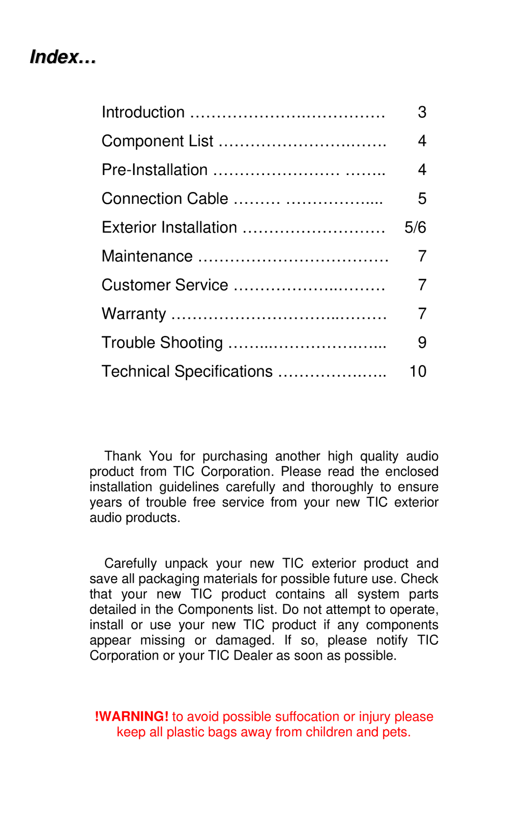 TIC ASP120, ASP100, AS P25, ASP60 manual Index…, Introduction ………………….…… 