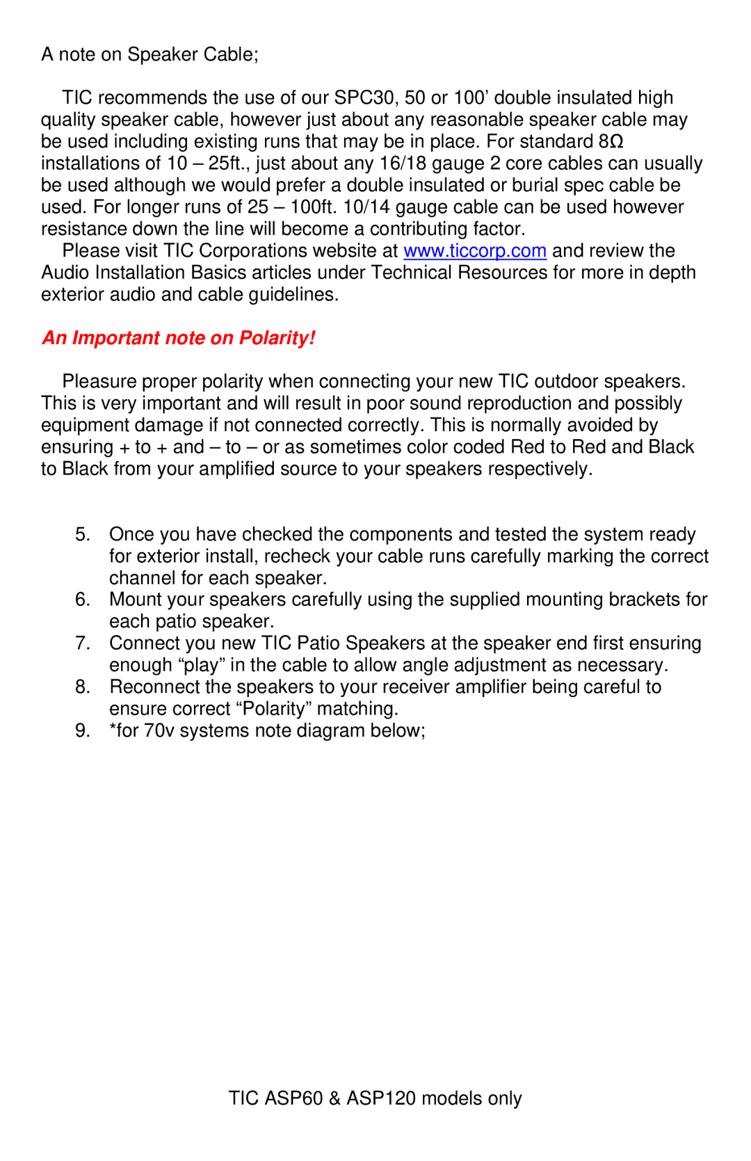 TIC ASP60, ASP100, AS P25, ASP120 manual An Important note on Polarity 