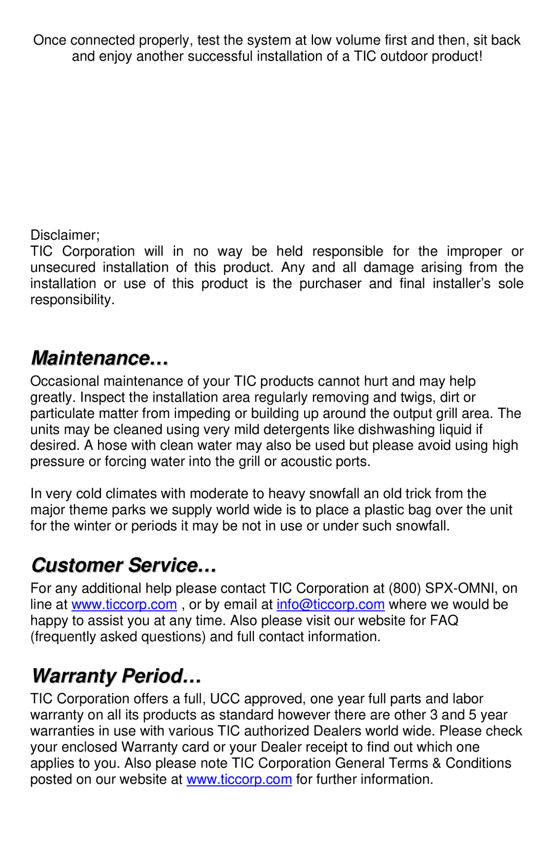 TIC ASP120, ASP100, AS P25, ASP60 manual Maintenance…, Customer Service… Warranty Period… 