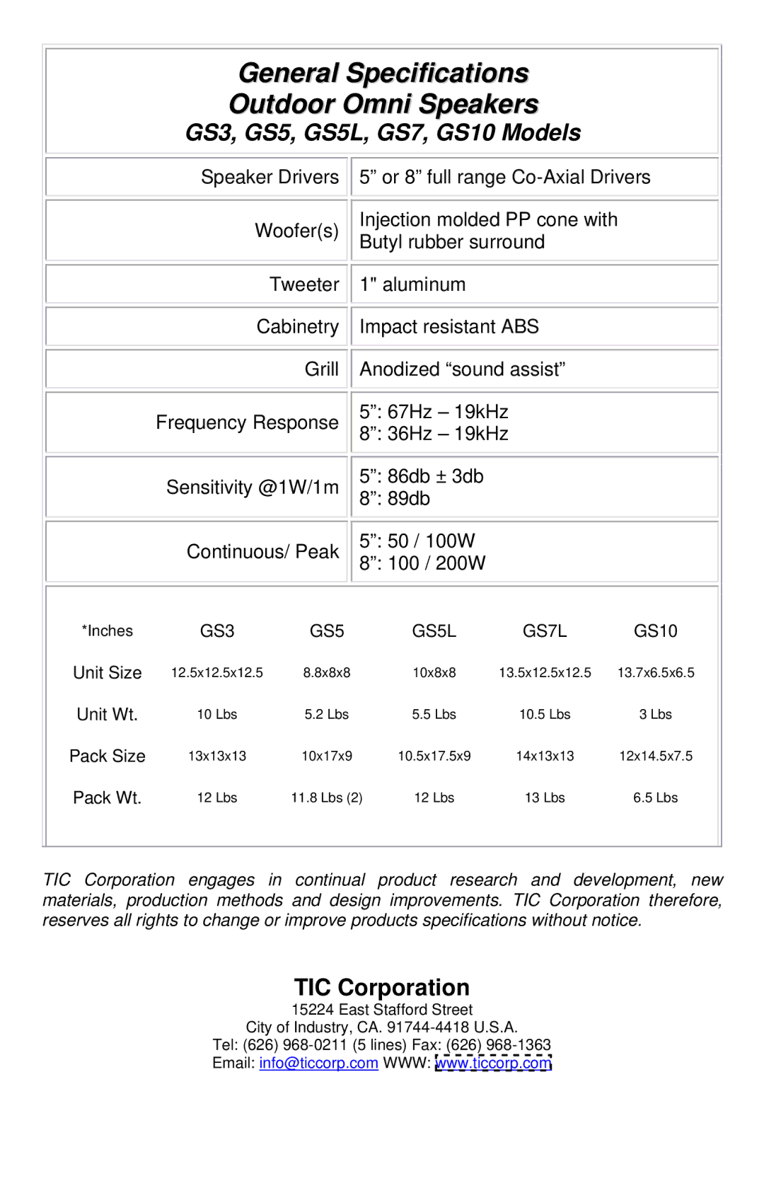 TIC manual General Specifications Outdoor Omni Speakers, GS3, GS5, GS5L, GS7, GS10 Models 