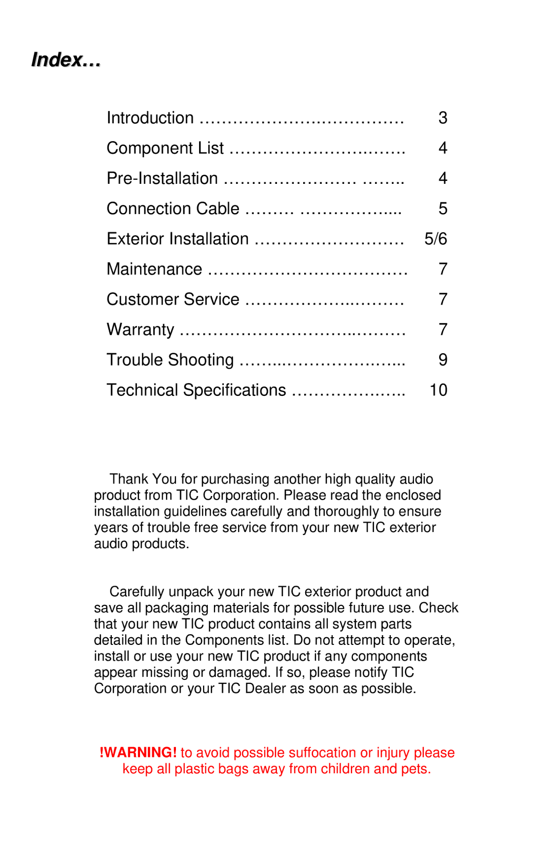 TIC GS5L, GS3, GS10, GS7 manual Index…, Pre-Installation ………… 