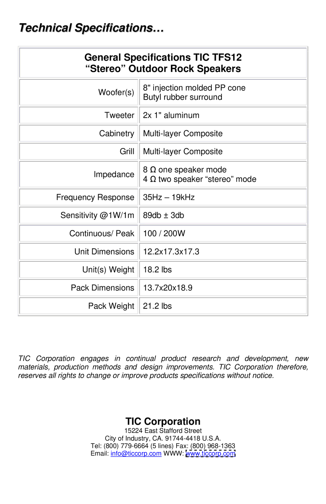 TIC TFS12 manual Technical Specifications… 