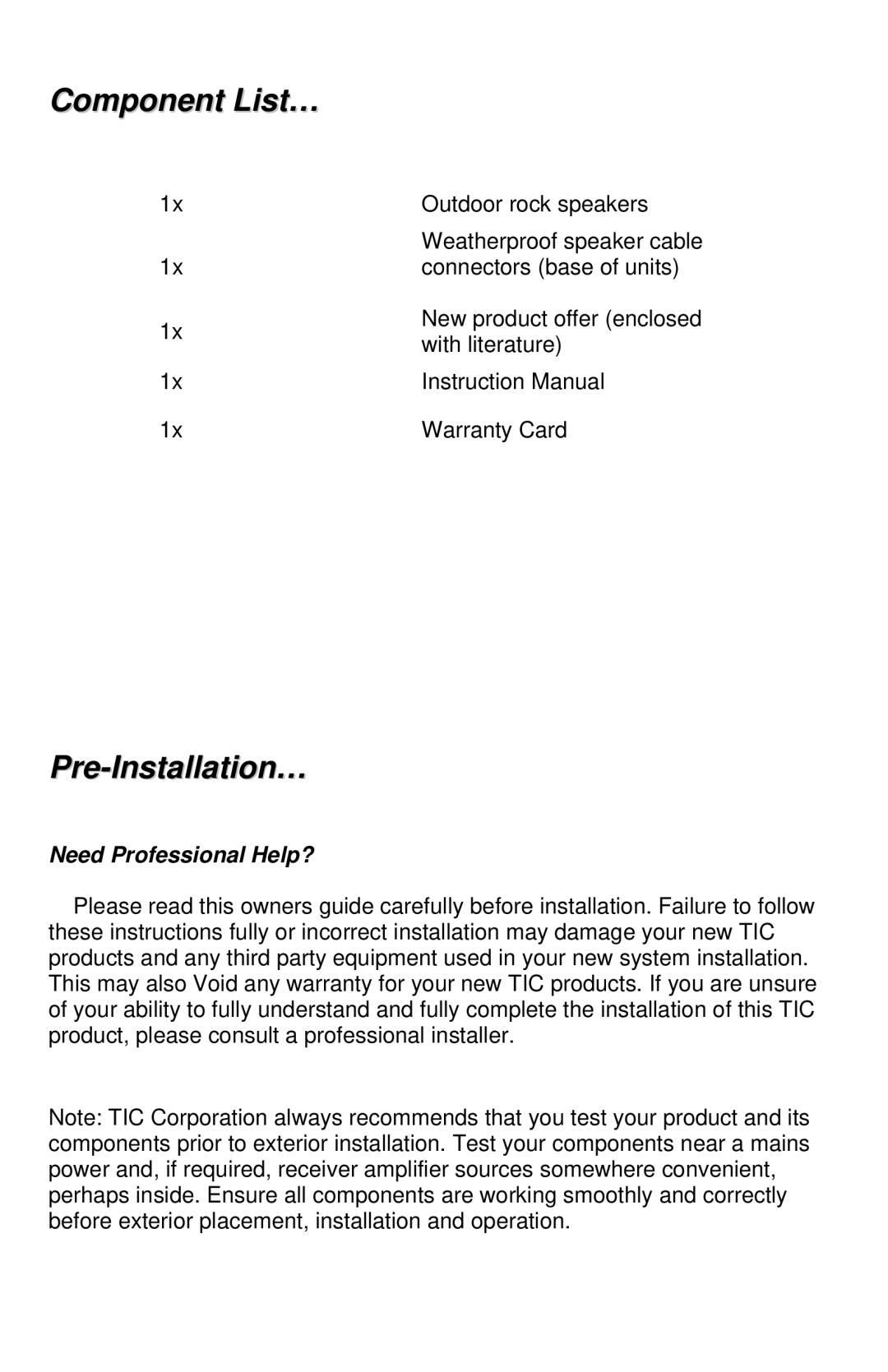 TIC TFS12 manual Component List…, Pre-Installation… 