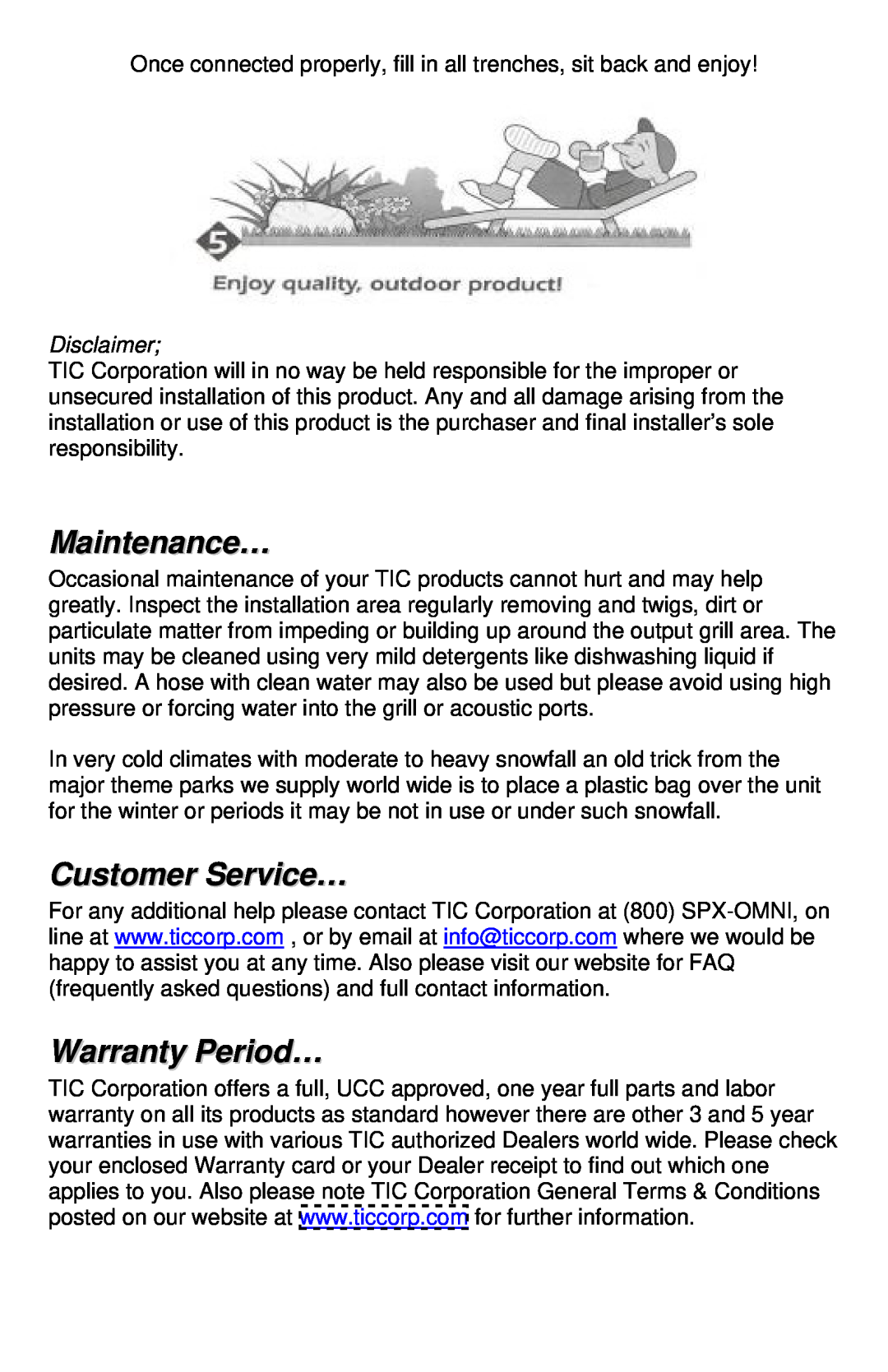 TIC TFS12 manual Maintenance…, Customer Service…, Warranty Period…, Disclaimer 