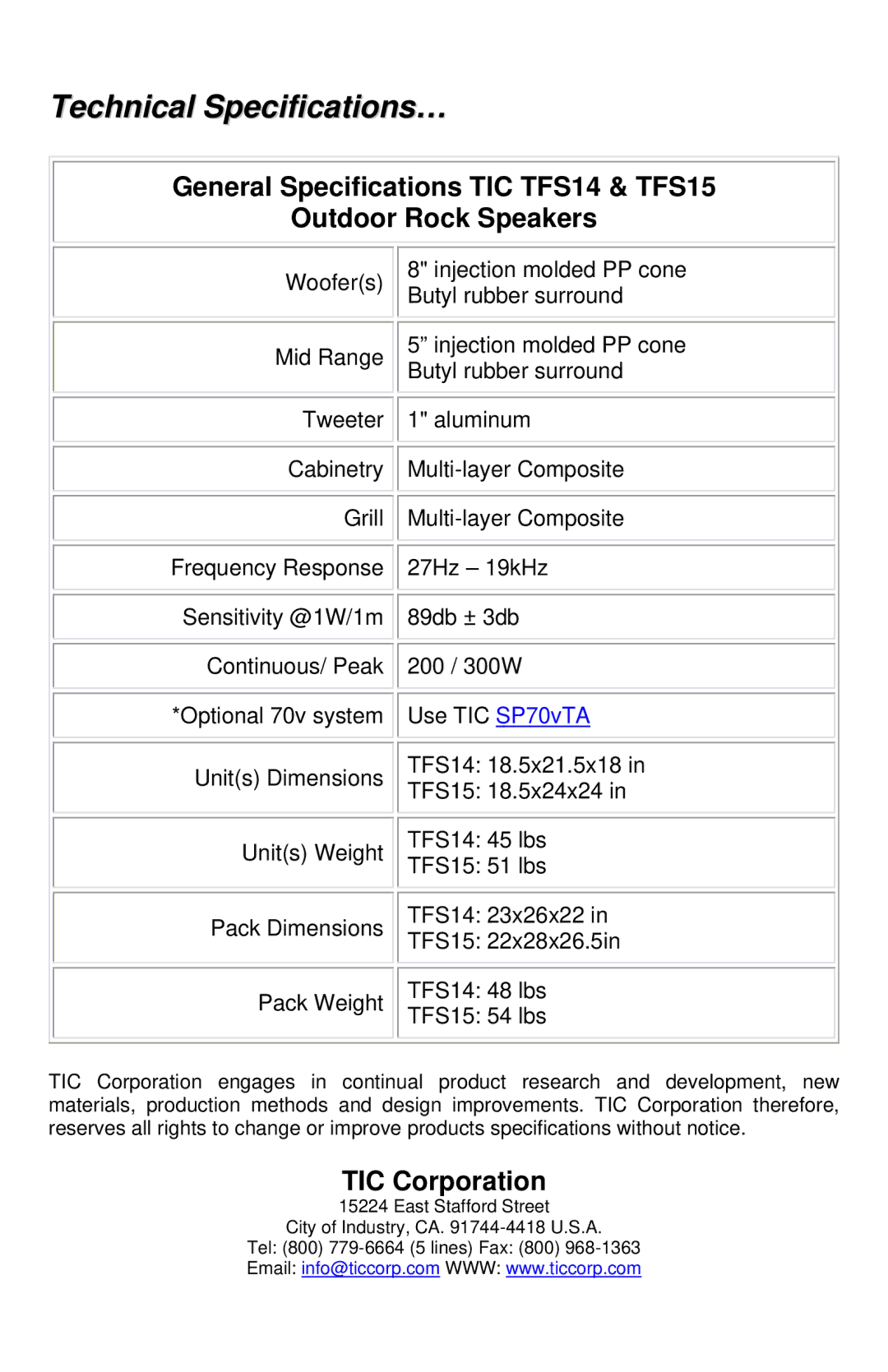 TIC TFS14, TFS15 manual Technical Specifications… 