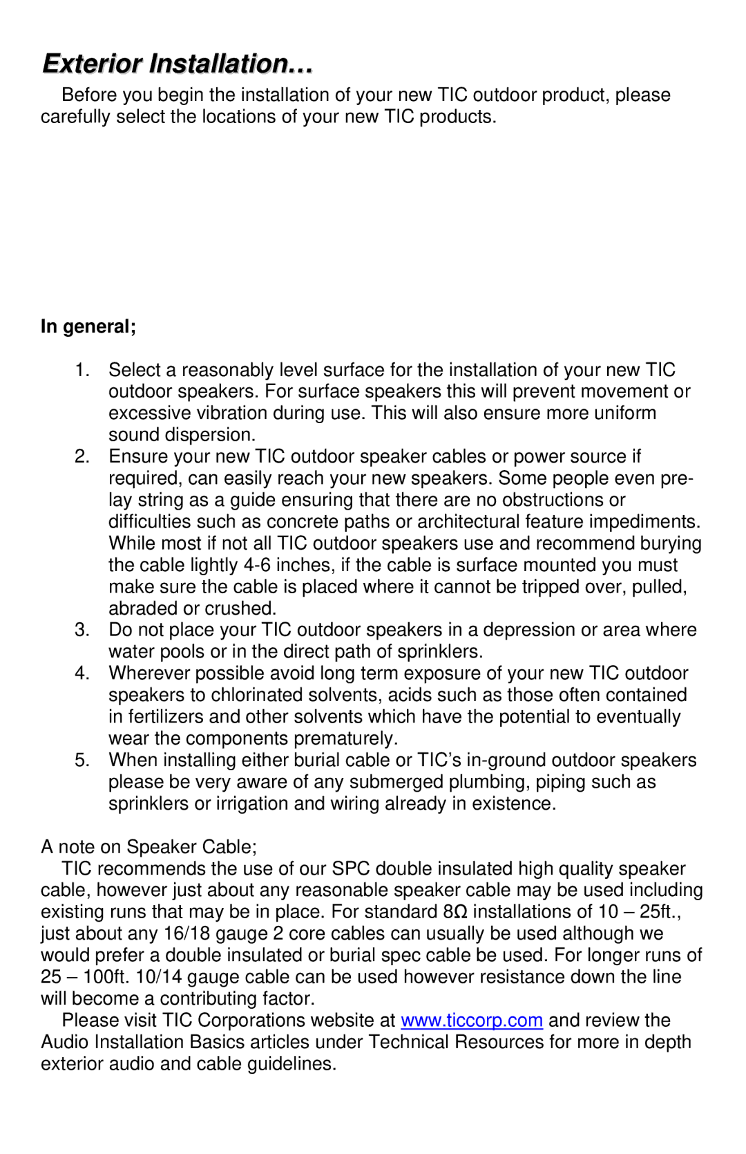 TIC TFS15, TFS14 manual Exterior Installation…, General 