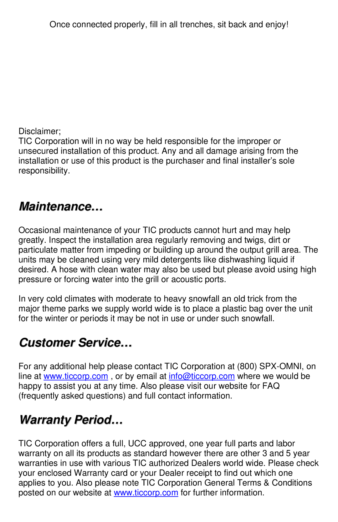 TIC TFS15, TFS14 manual Maintenance…, Customer Service… Warranty Period… 