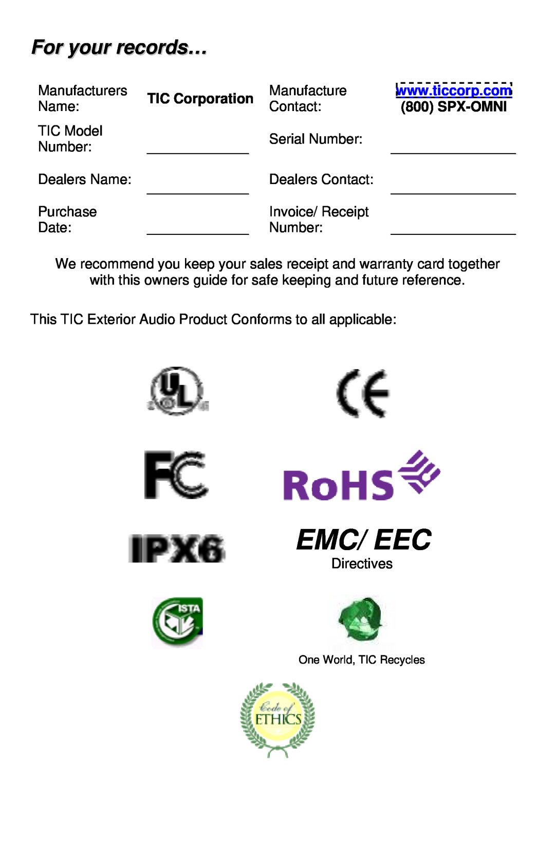 TIC TFS14, TFS15 manual For your records…, Emc/ Eec, TIC Corporation, Spx-Omni 