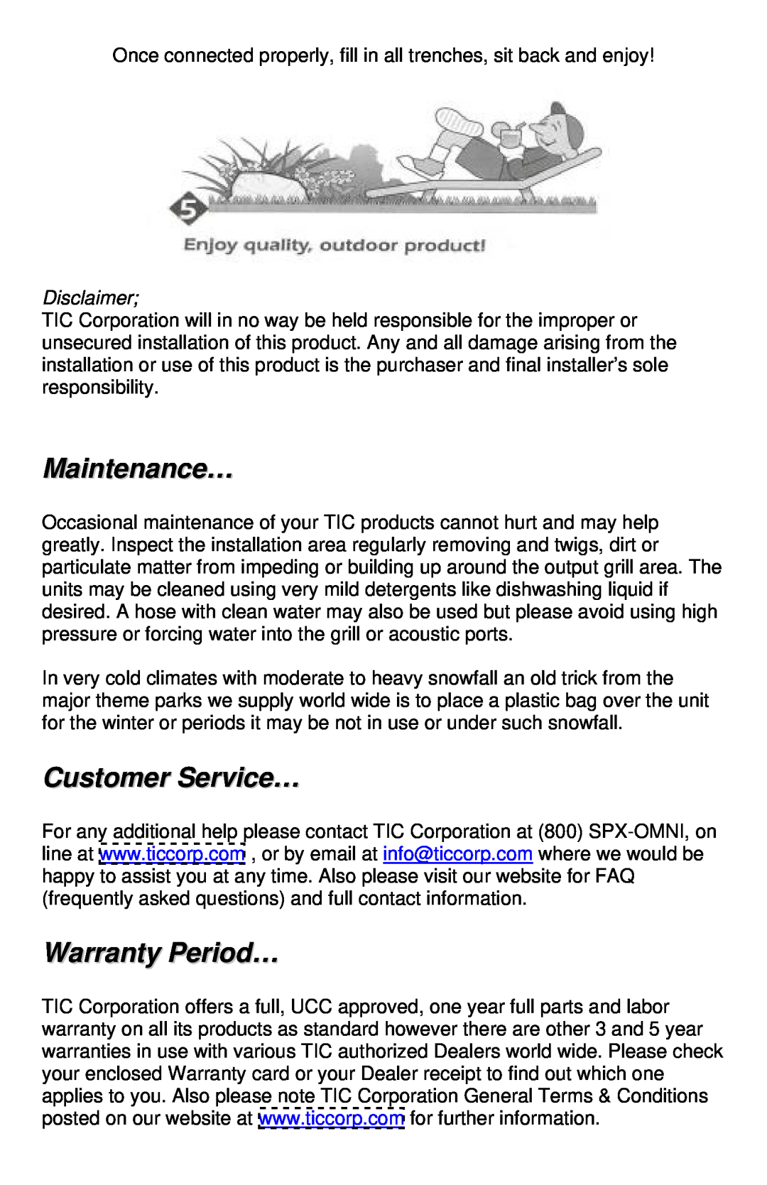 TIC TFS15, TFS14 manual Maintenance…, Customer Service…, Warranty Period…, Disclaimer 