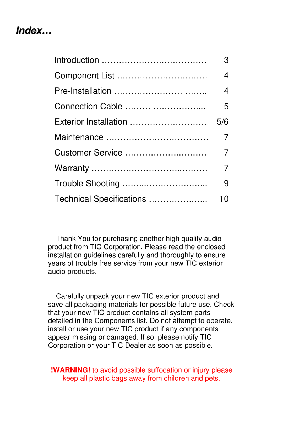 TIC TFS0, TFS5 manual Index… 