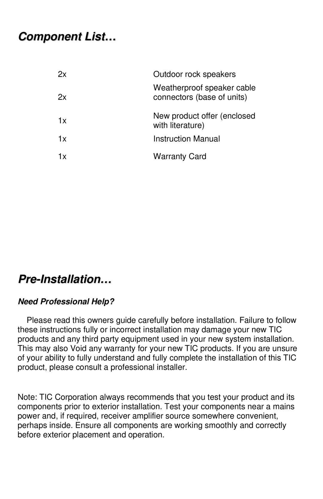 TIC TFS5, TFS0 manual Component List…, Pre-Installation… 