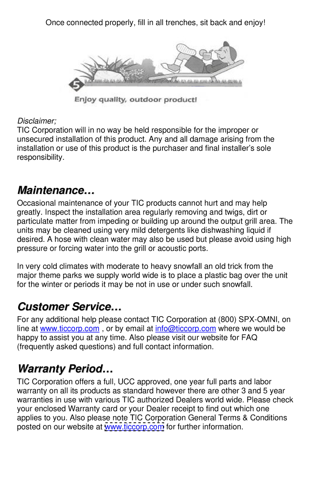 TIC TFS0, TFS5 manual Maintenance…, Customer Service… Warranty Period… 