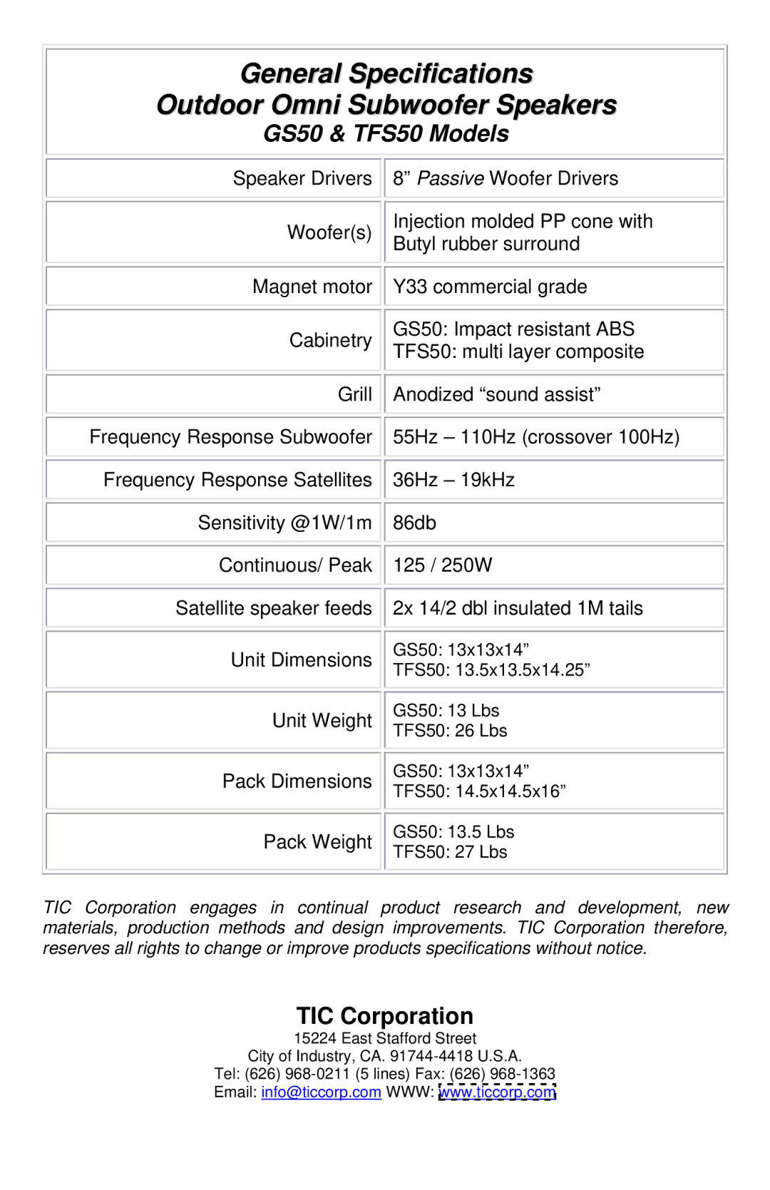 TIC manual General Specifications Outdoor Omni Subwoofer Speakers, GS50 & TFS50 Models 