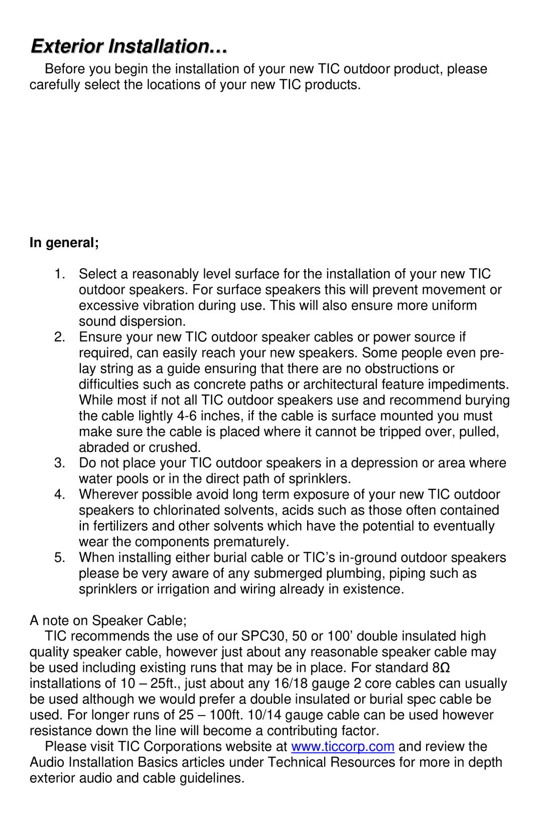 TIC GS50, TFS50 manual Exterior Installation…, General 