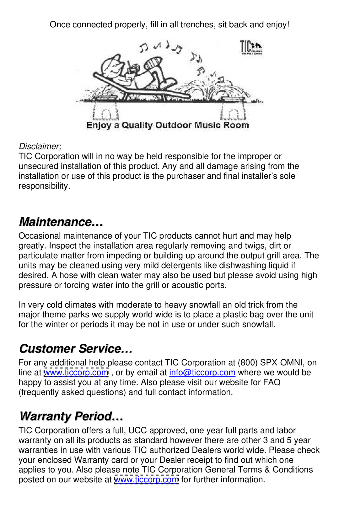 TIC GS50, TFS50 manual Maintenance…, Customer Service… Warranty Period… 