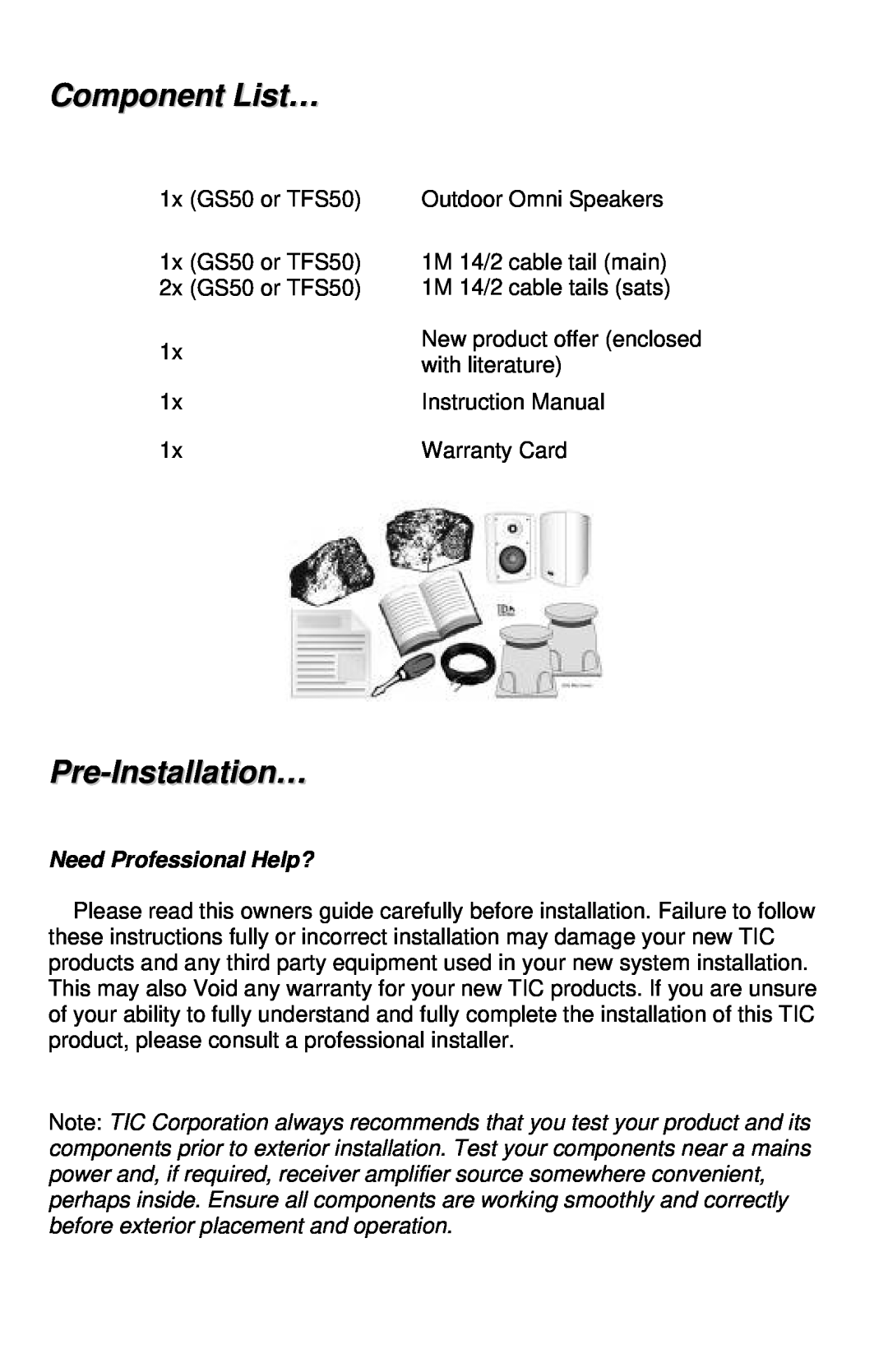 TIC TFS50, GS50 manual Component List…, Pre-Installation…, Need Professional Help? 