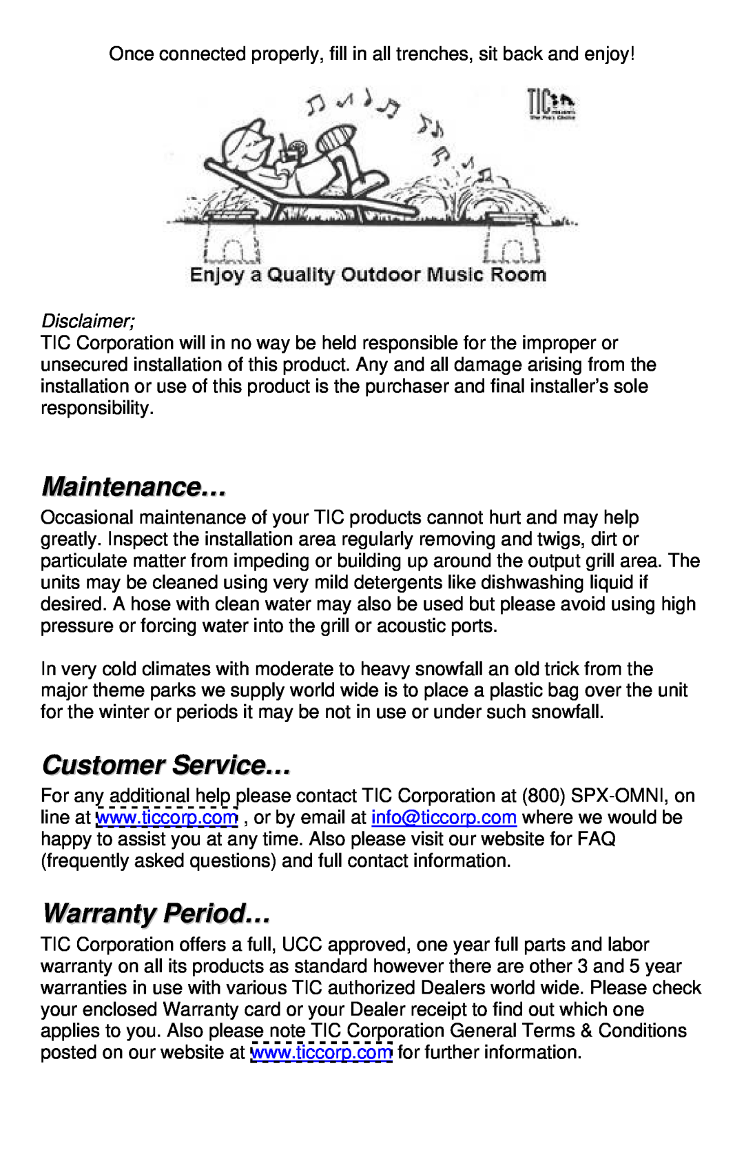 TIC GS50, TFS50 manual Maintenance…, Customer Service…, Warranty Period…, Disclaimer 