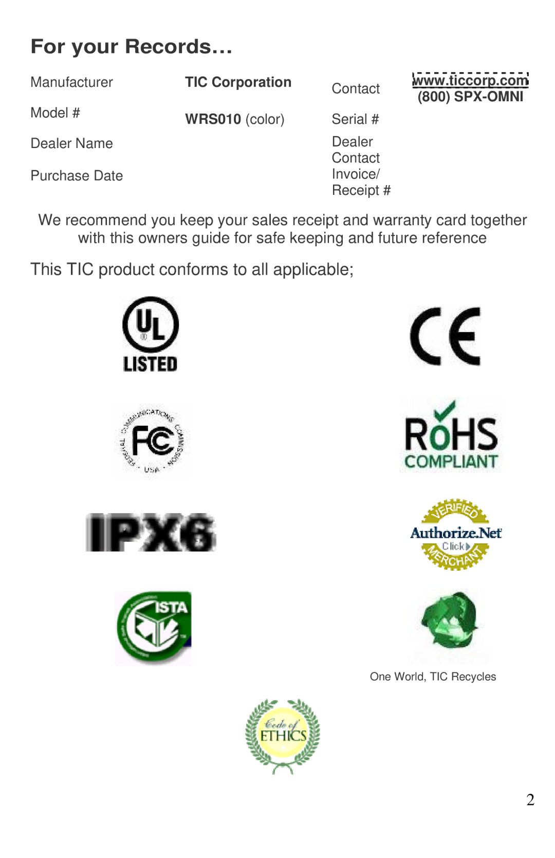 TIC manual For your Records…, TIC Corporation, Spx-Omni, WRS010 color 