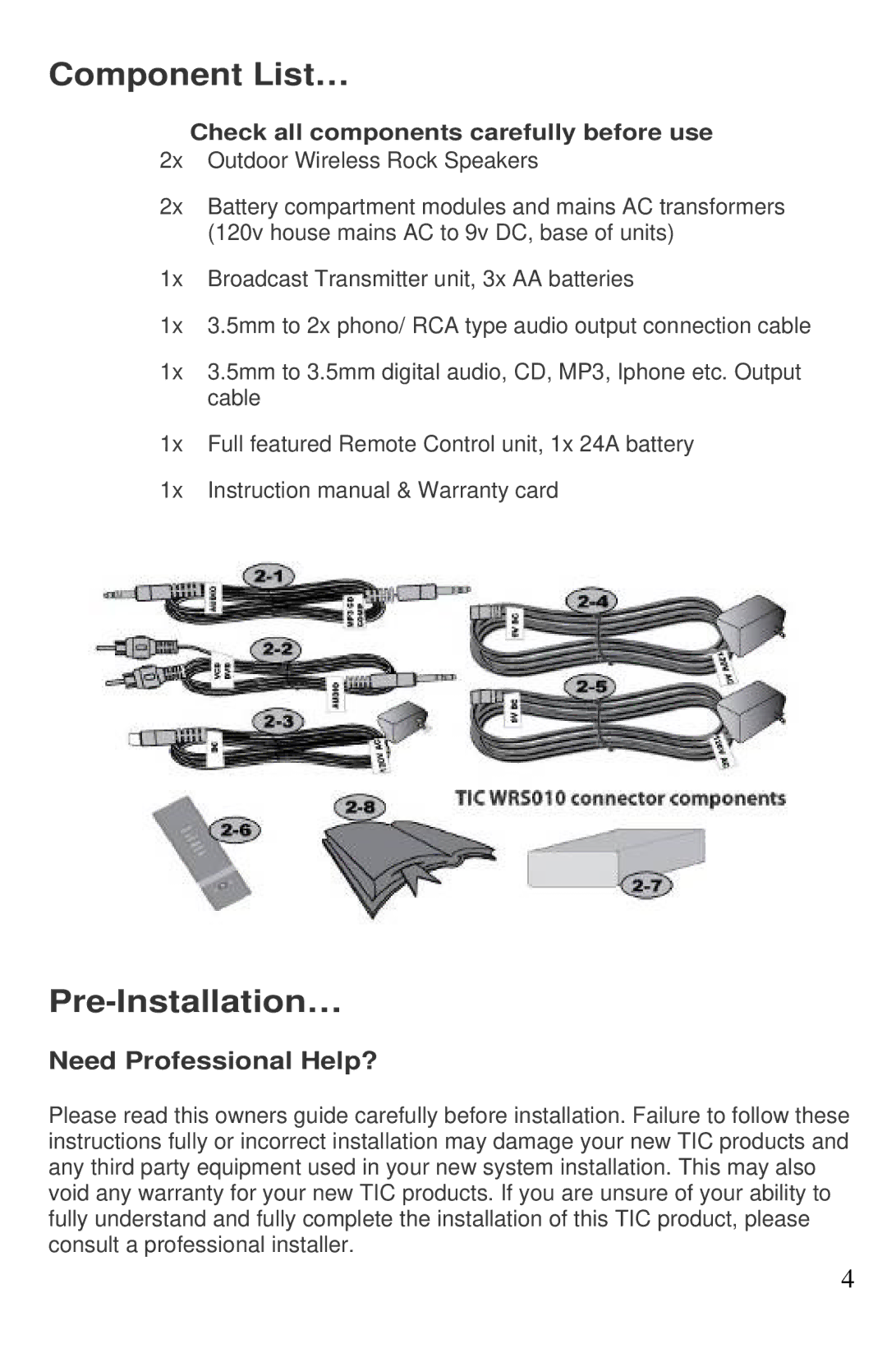 TIC WRS010 manual Component List…, Pre-Installation…, Check all components carefully before use 