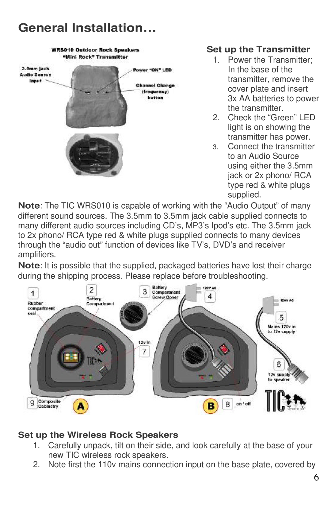 TIC WRS010 manual General Installation…, Set up the Transmitter, Set up the Wireless Rock Speakers 