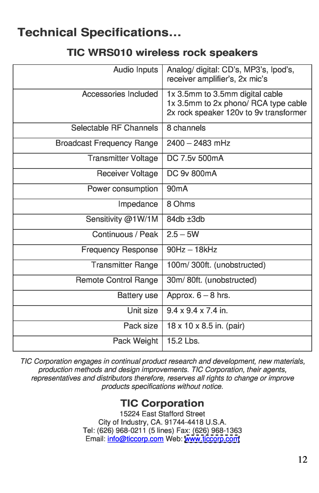 TIC manual Technical Specifications…, TIC WRS010 wireless rock speakers, TIC Corporation 