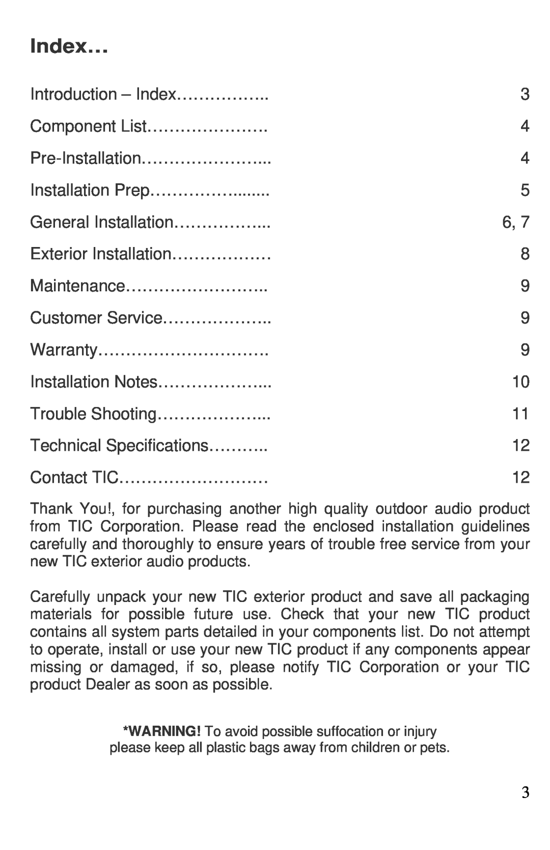 TIC WRS010 manual Index…, Installation Prep…………… 