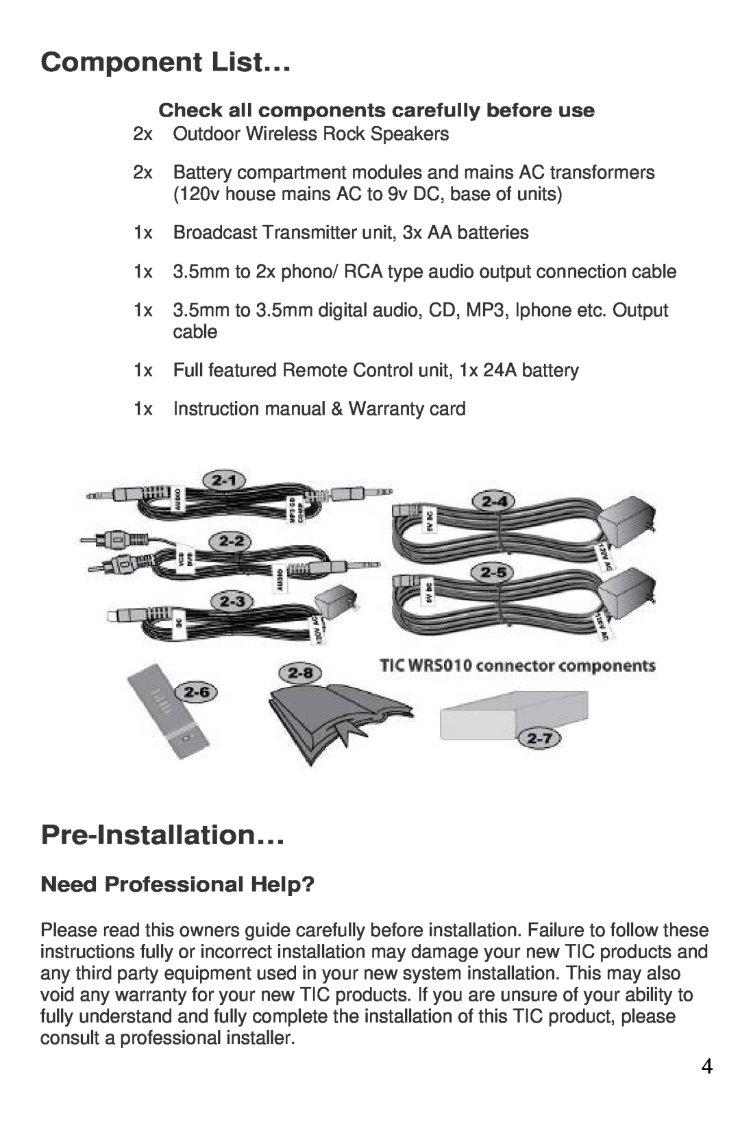 TIC WRS010 manual Component List…, Pre-Installation…, Need Professional Help?, Check all components carefully before use 