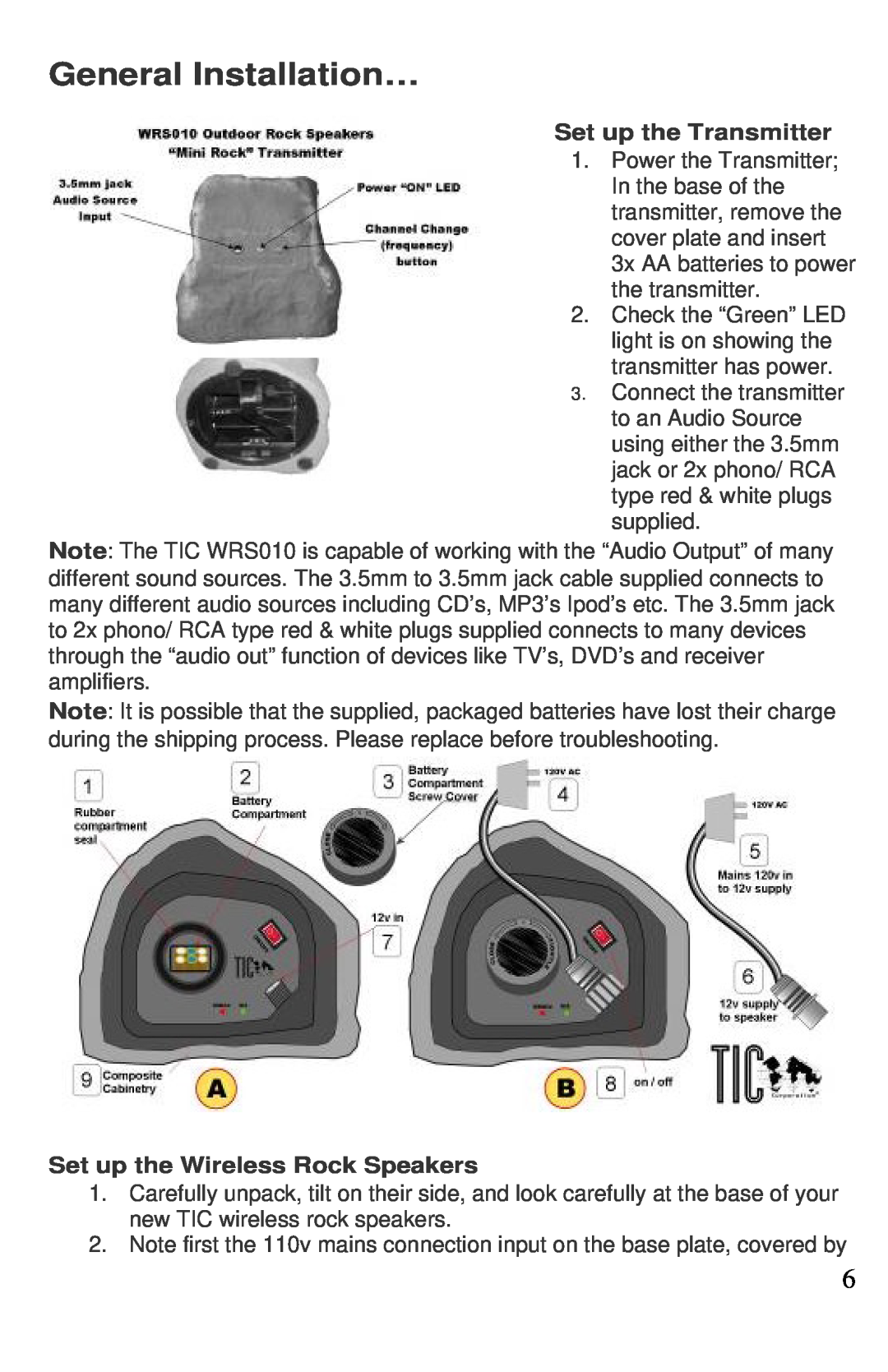 TIC WRS010 manual General Installation…, Set up the Transmitter, Set up the Wireless Rock Speakers 