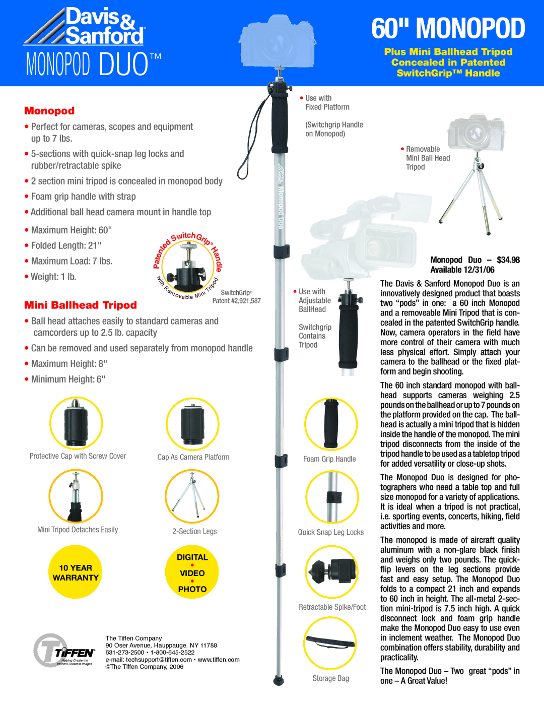 Tiffen 60 Monopod warranty Monopod duo, Mini Ballhead Tripod, Monopod Duo $34.98 Available 12/31/06 