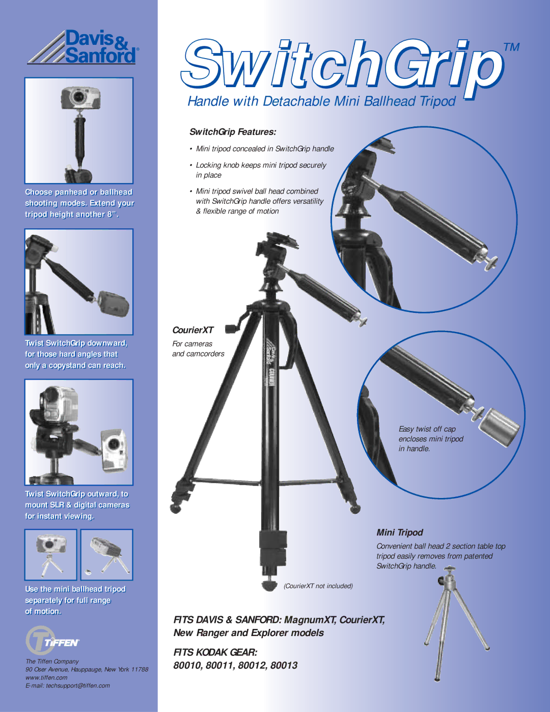 Tiffen 80012, 80013 manual Handle with Detachable Mini Ballhead Tripod, SwitchGrip Features, CourierXT, Mini Tripod 