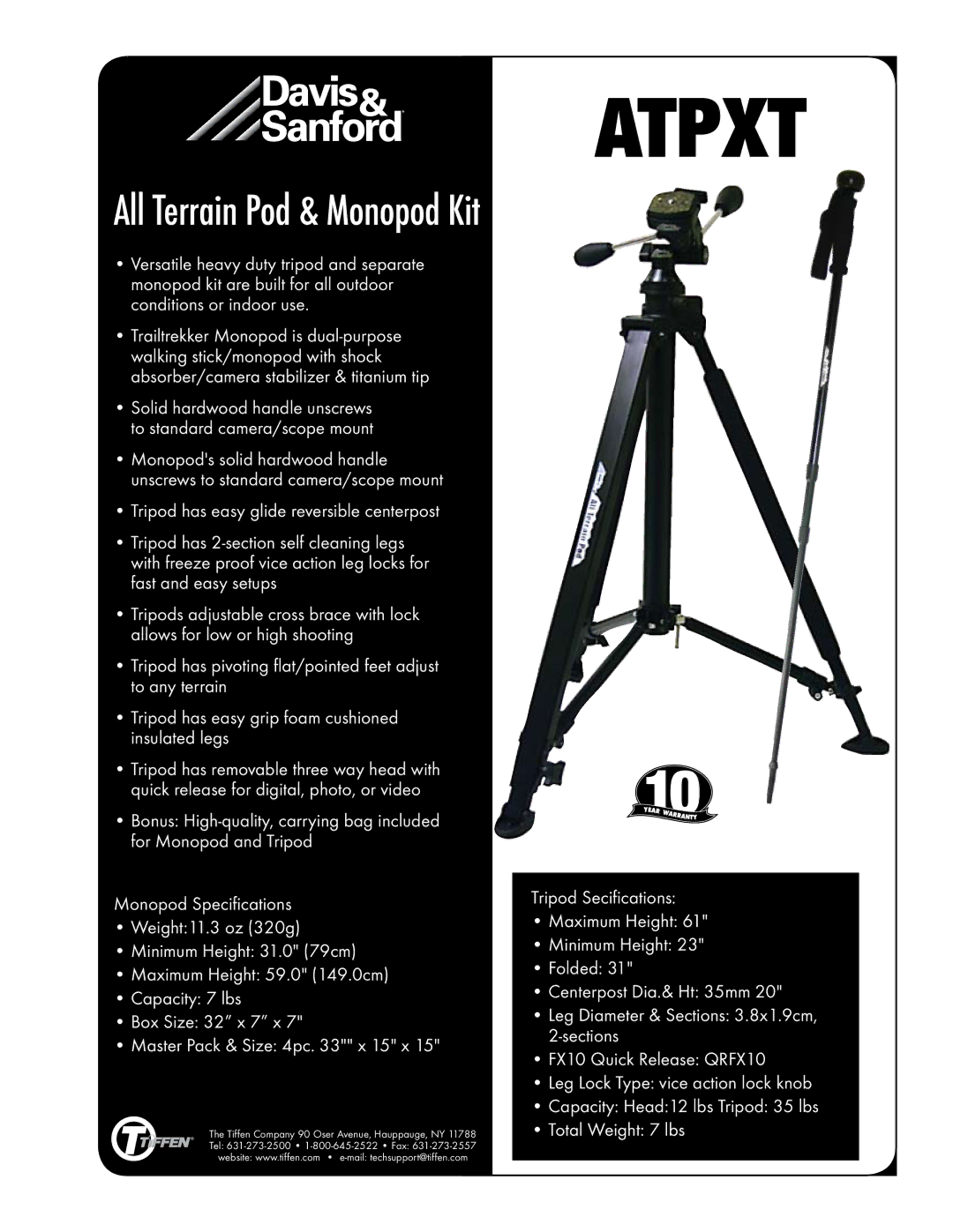 Tiffen ATPXT specifications Atpxt, All Terrain Pod & Monopod Kit 