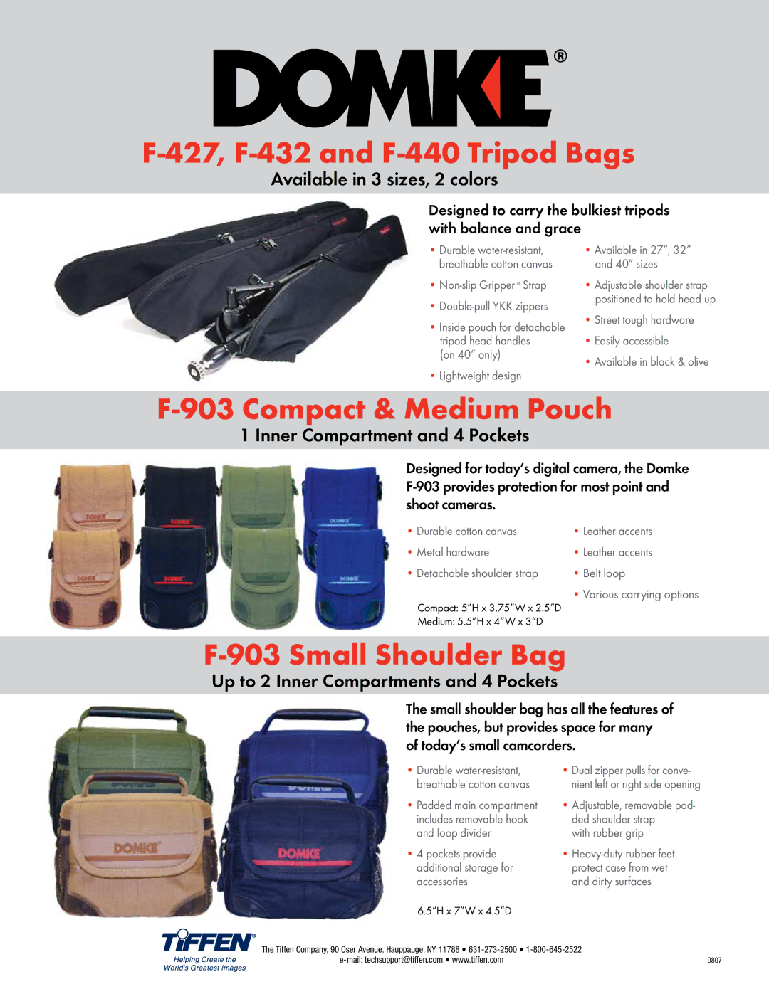 Tiffen F-5XA, F-903, F-808 manual 427, F-432 and F-440 Tripod Bags, Compact & Medium Pouch, Small Shoulder Bag 