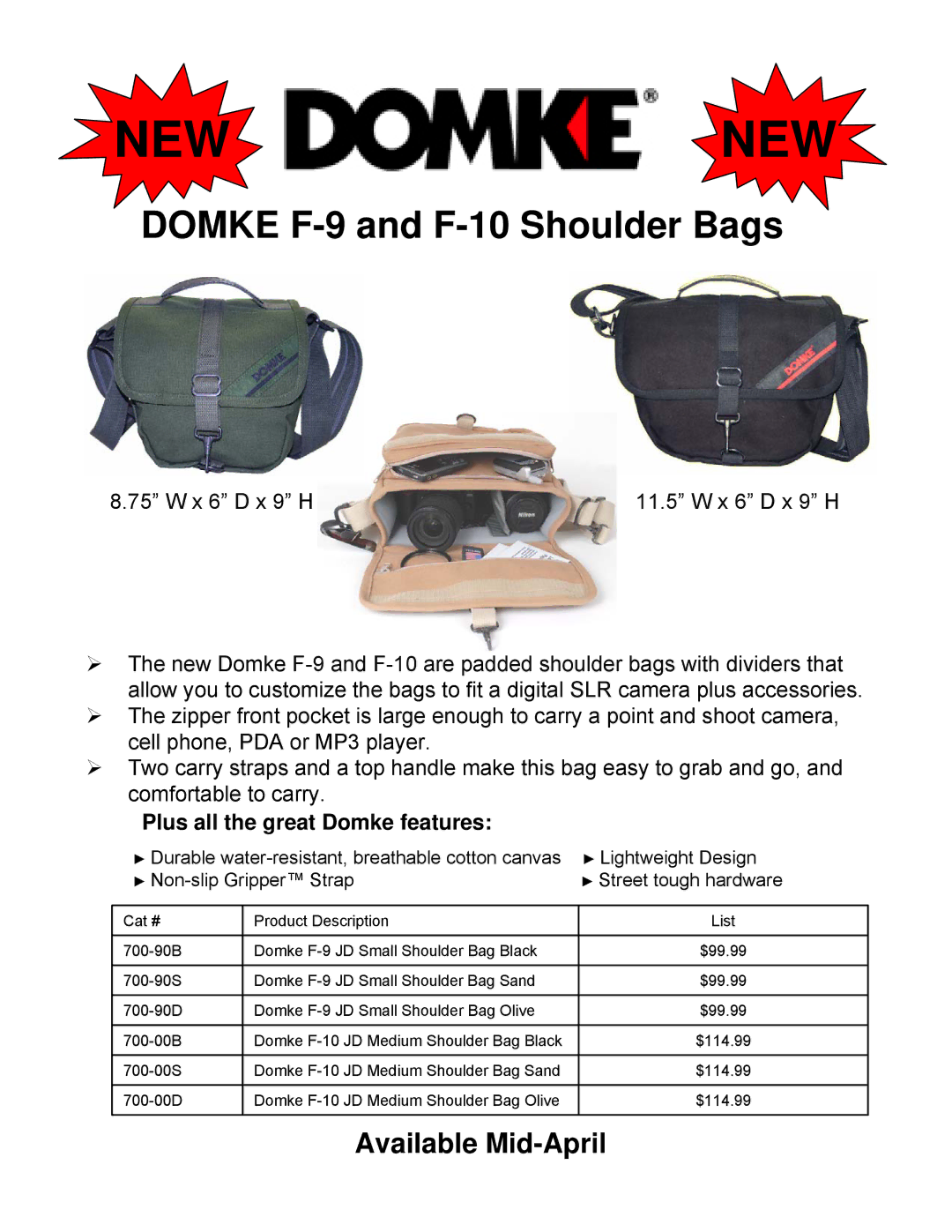 Tiffen manual New New, Domke F-9 and F-10 Shoulder Bags, X 6 D x 9 H, Plus all the great Domke features 