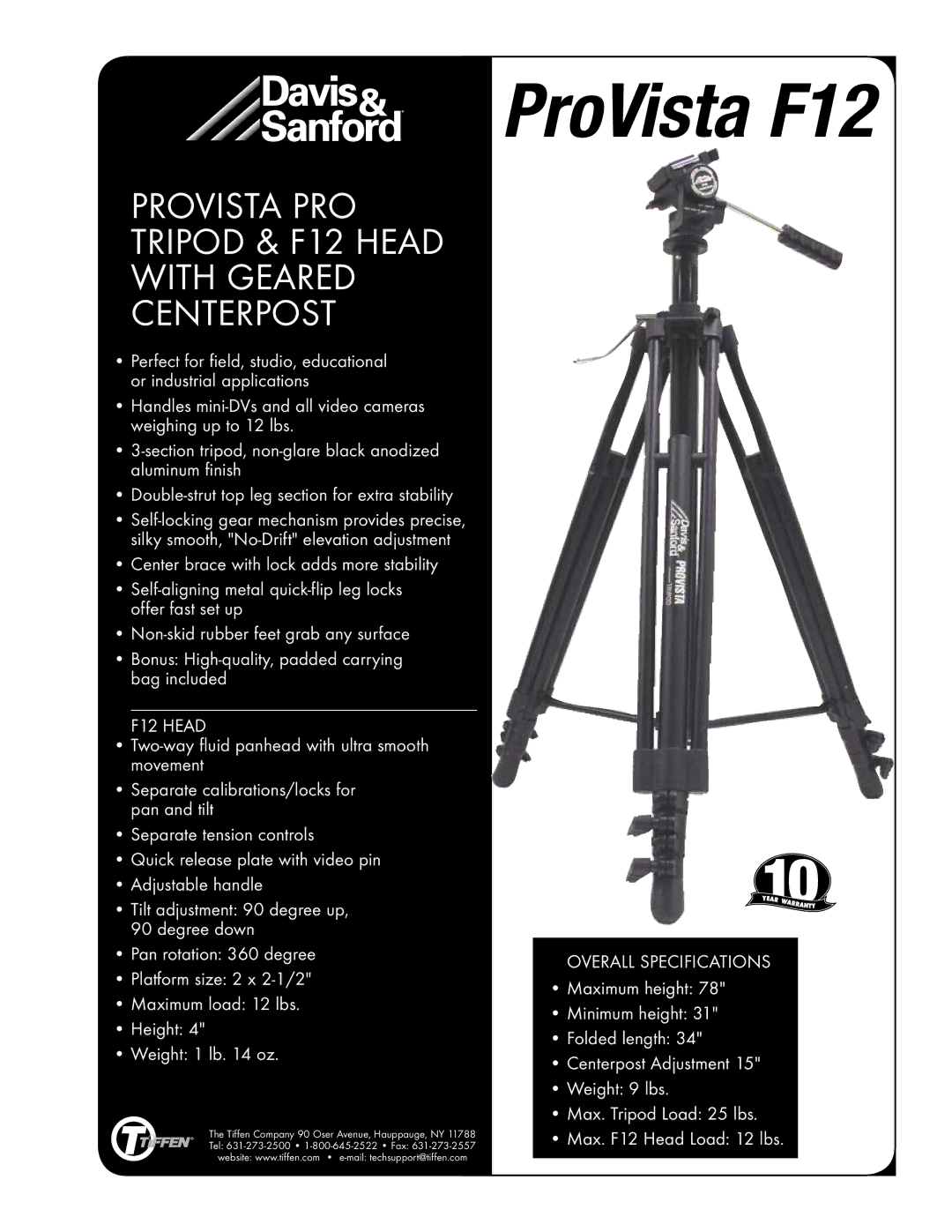 Tiffen specifications ProVista F12, Provista PRO Tripod & F12 Head with Geared Centerpost 