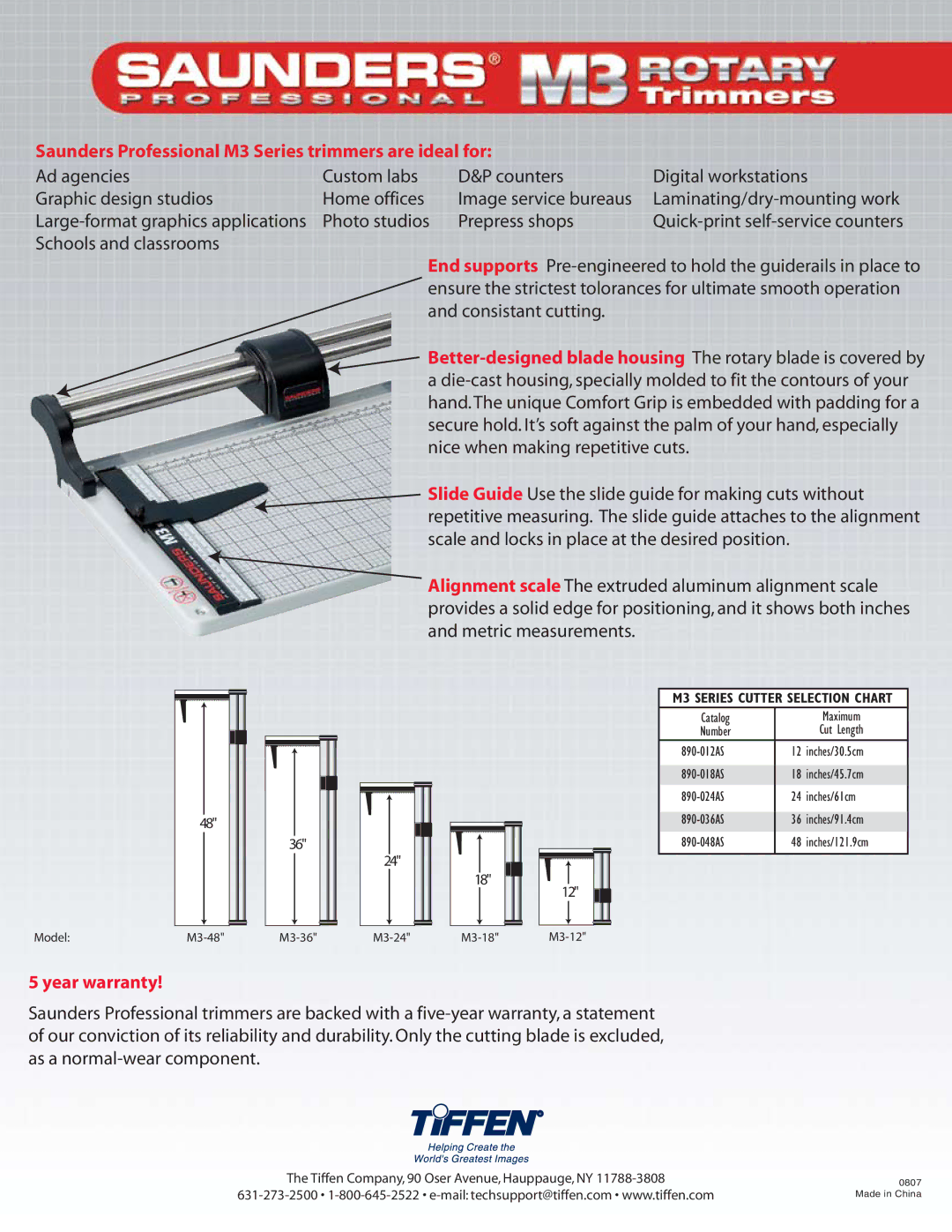 Tiffen manual Saunders Professional M3 Series trimmers are ideal for, Year warranty, M3 Series Cutter Selection Chart 