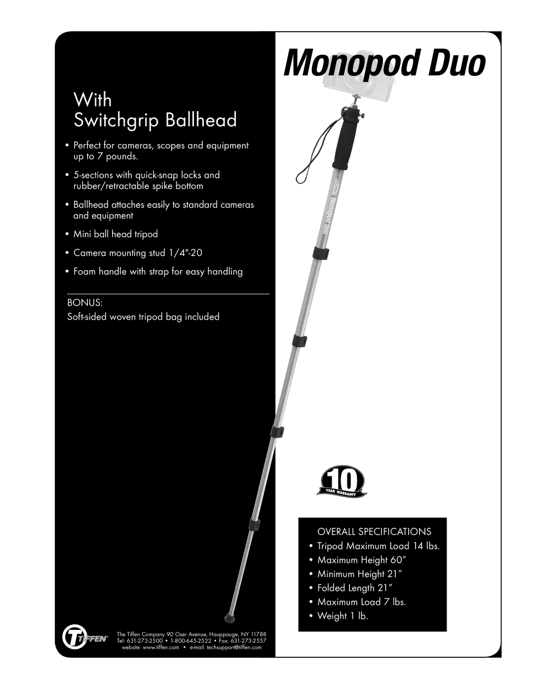 Tiffen Monopod Duo specifications With Switchgrip Ballhead, Bonus 