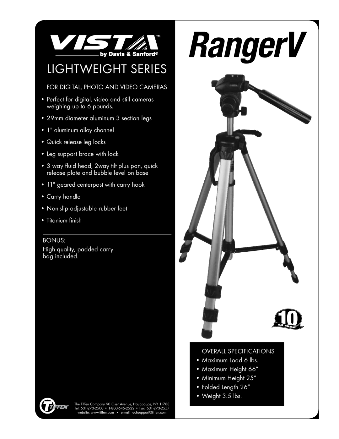 Tiffen RangerV specifications Lightweight Series, Bonus 