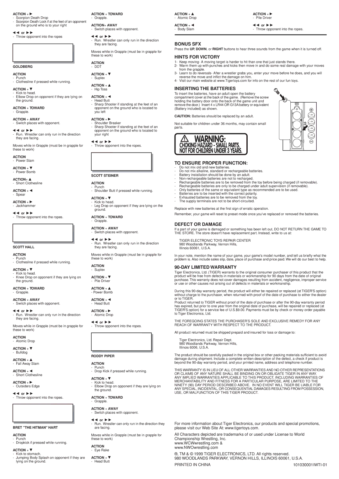 Tiger 10-103 manual Bonus SFX, Hints for Victory, Inserting the Batteries, To Ensure Proper Function, Defect or Damage 