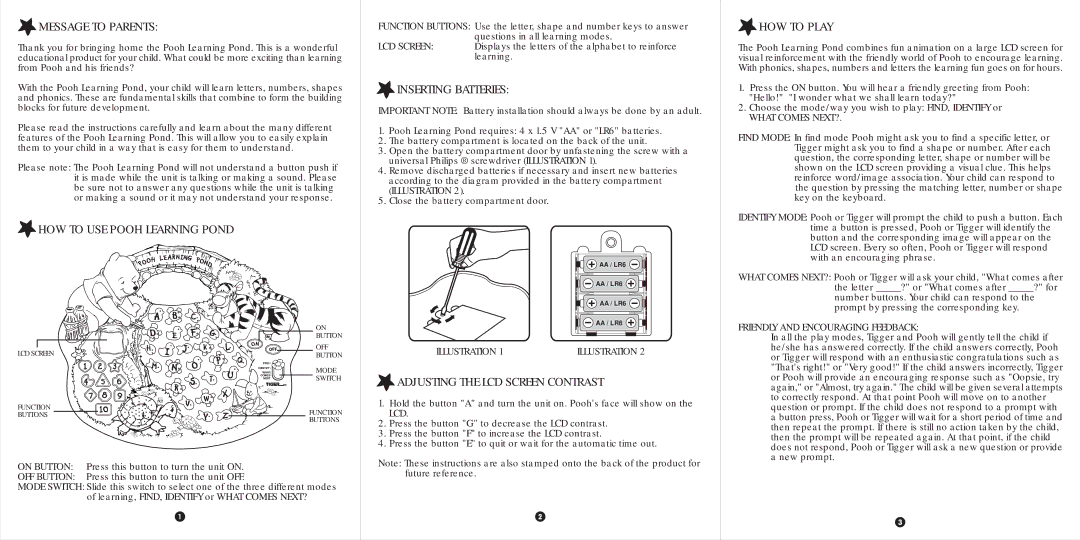 Tiger 187-152 Message to Parents, HOW to USE Pooh Learning Pond, Inserting Batteries, Adjusting the LCD Screen Contrast 